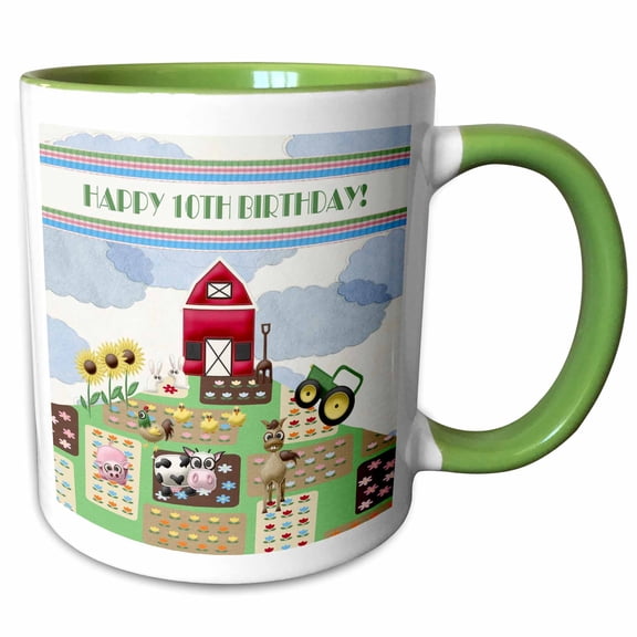 3drose, Happy 10th Birthday at the Farm with Barn, Tracker, Flowers, and Animals, 11oz Two-tone Green Mug