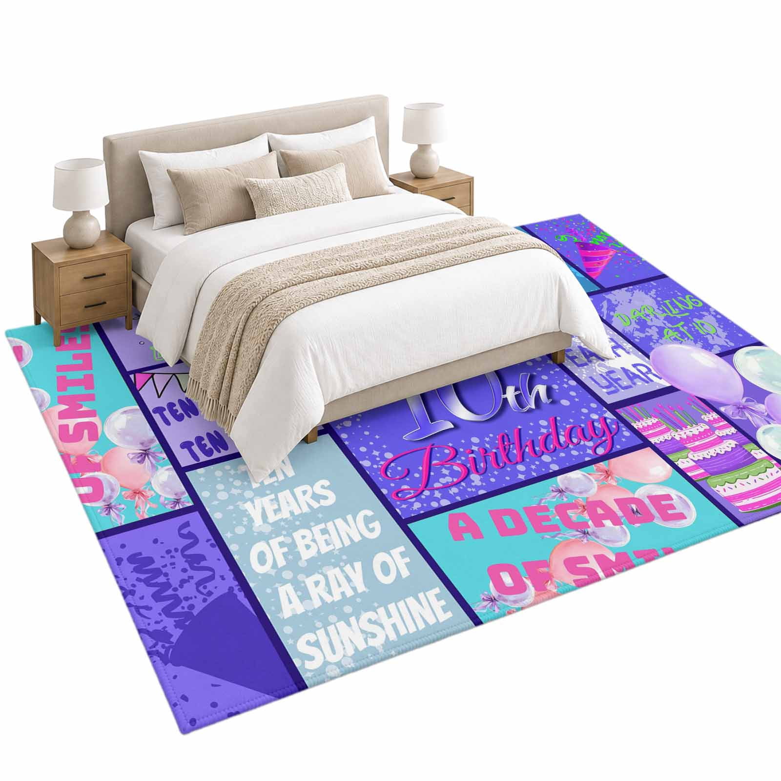 Happy 10th Birthday Area Rug 5'x8', Cartoon Cake Abstract Ribbons ...