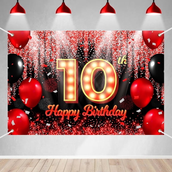 Happy 10th Birthday Backdrop Banner Black and Red Theme Background with Neon Shiny Fashion Birthday Party Photo Photography Prop Booth Background for Boys Girls Celebration