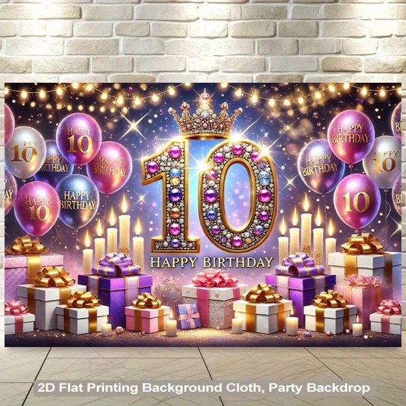Happy 10th Birthday Backdrop Purple Pink Balloons 10th Birthday Photography Background for Girls Colorful Glitter Diamond Crown 10 Years Old Birthday Party Decorations Banner Photo Booth Props