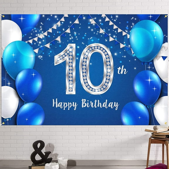Happy 10th Birthday Banner Backdrop - 10 Years Old Birthday Decorations Party Supplies for Girls Boys - Blue Silver