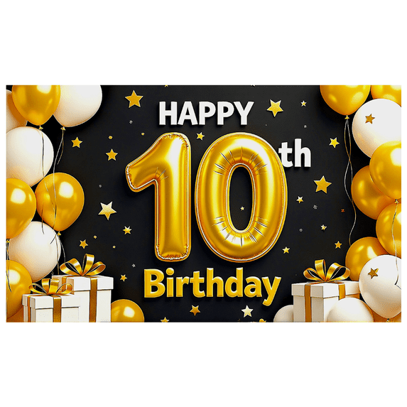 Happy 10th Birthday Banner with Gold Balloons Star Decors and Gift Boxes Party Backdrop Decoration for Birthday Parties Photography Props Celebrations Decorations