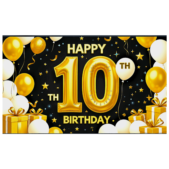 Happy 10th Birthday Banner with Gold Balloons Star Decors and Gift Boxes Party Backdrop Decoration for Birthday Parties Photography Props Celebrations Decorations