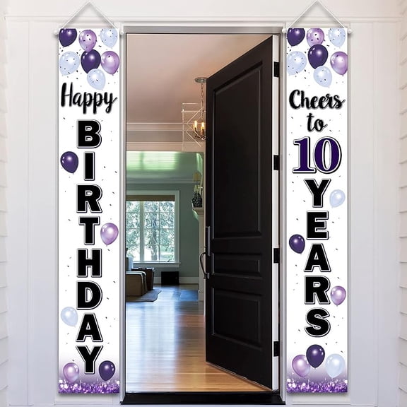Happy 10th Birthday Decorations,10th Purple Balloon Birthday Theme Door Hanging Banner Sign,Cheers to Ten Years Old Bday Party Supplies.
