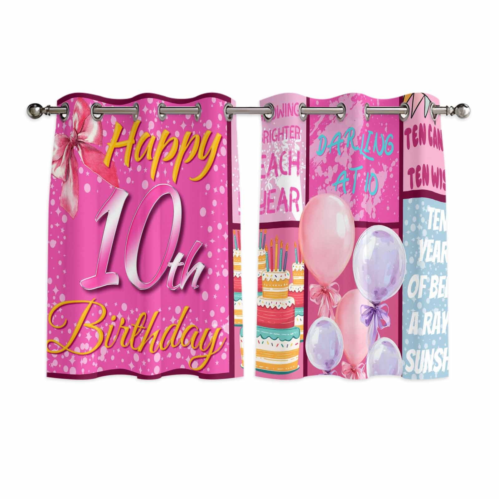 Hapy Rommet Happy 10th Birthday Kitchen Curtains Window Panels, Pink Bows Balloons ...