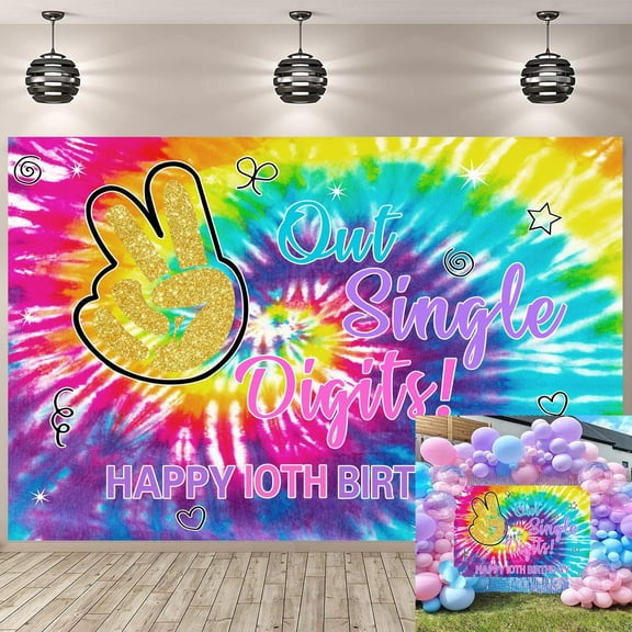 Happy 10th Birthday Out Single Digits Backdrop for Tie Dye Rainbow Photography Background It's My 10 Years Old Bday Decoration Girl Party Banner Props