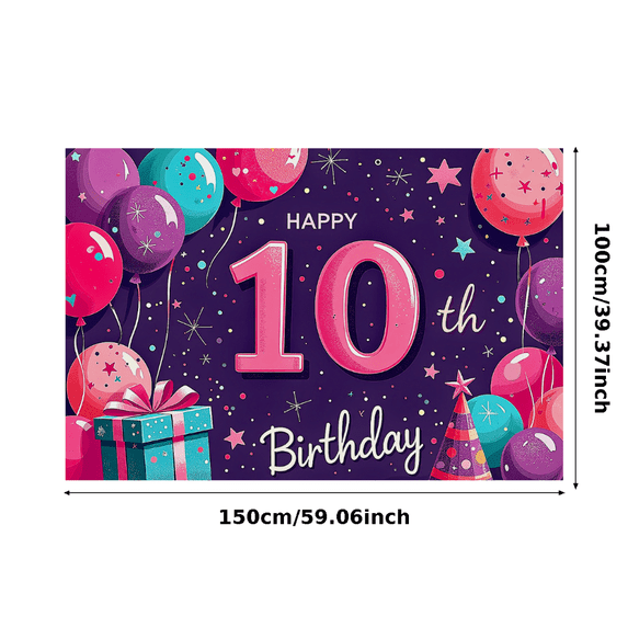 Happy 10th Birthday Themed Backdrop Banner with Balloons Stars Party Decorations for Birthday Party Photo Props Celebrations Decor Background