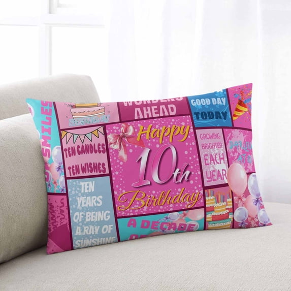Happy 10th Birthday Throw Pillow Covers, Pink Bows Balloons Cakes Polka Dot Soft Breathable Pillow Cases with Invisible Zipper for Sleeping, Standard Pillowcases for Couch Bed Sofa Chair 20x26 Inches