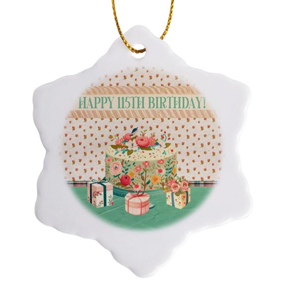 3drose, Happy 115th Birthday, Bird in Flower Garden Cake, Gifts, Pastels, 3 inch Snowflake Porcelain Ornament
