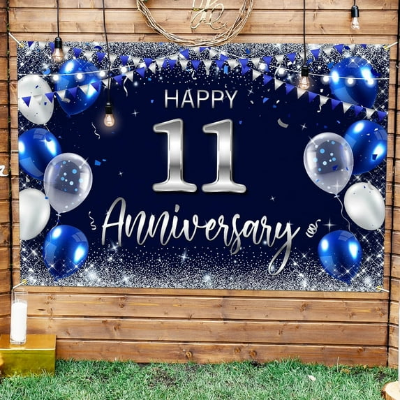 Happy 11th Anniversary Backdrop Banner Decor Blue Silver Happy 11 Years Wedding Anniversary Party Theme Decorations for Women Men Supplies