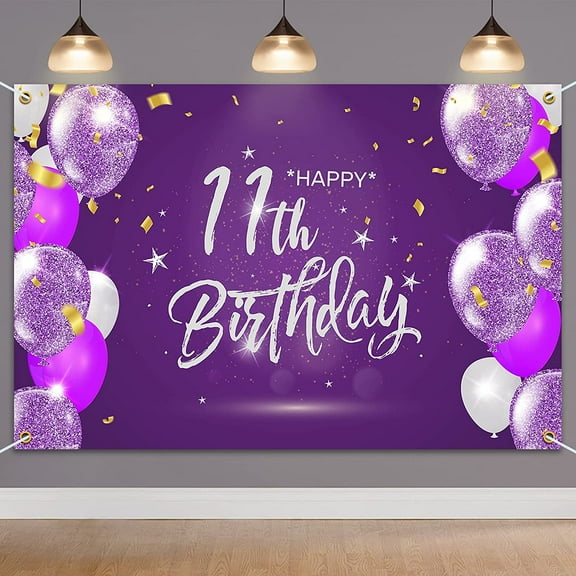 Happy 11th Birthday Banner Backdrop - 11 Years Old Birthday Decorations Party Supplies for Girls - Purple