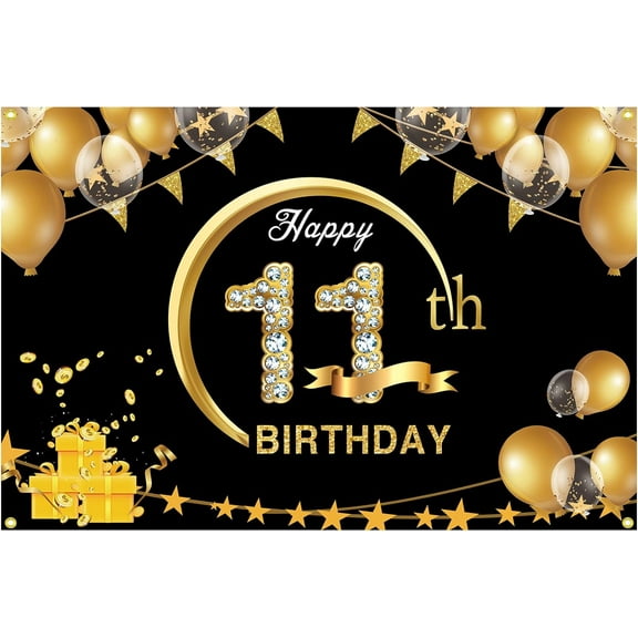 Happy 11th Birthday Banner, Black Gold 11th Birthday Party Decorations for Boys Girls, 11 Year Old Birthday Supplies Backdrop Decoration
