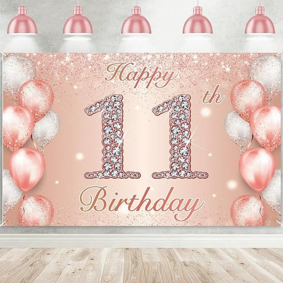 Happy 11th Birthday Rose Gold Banner Cheers to 11 Years Old Backdrop Confetti Balloons Theme Decor for Girls 11 Years Old Pink Birthday Party Decorations Bday Supplies Background Favors Gift Glitter