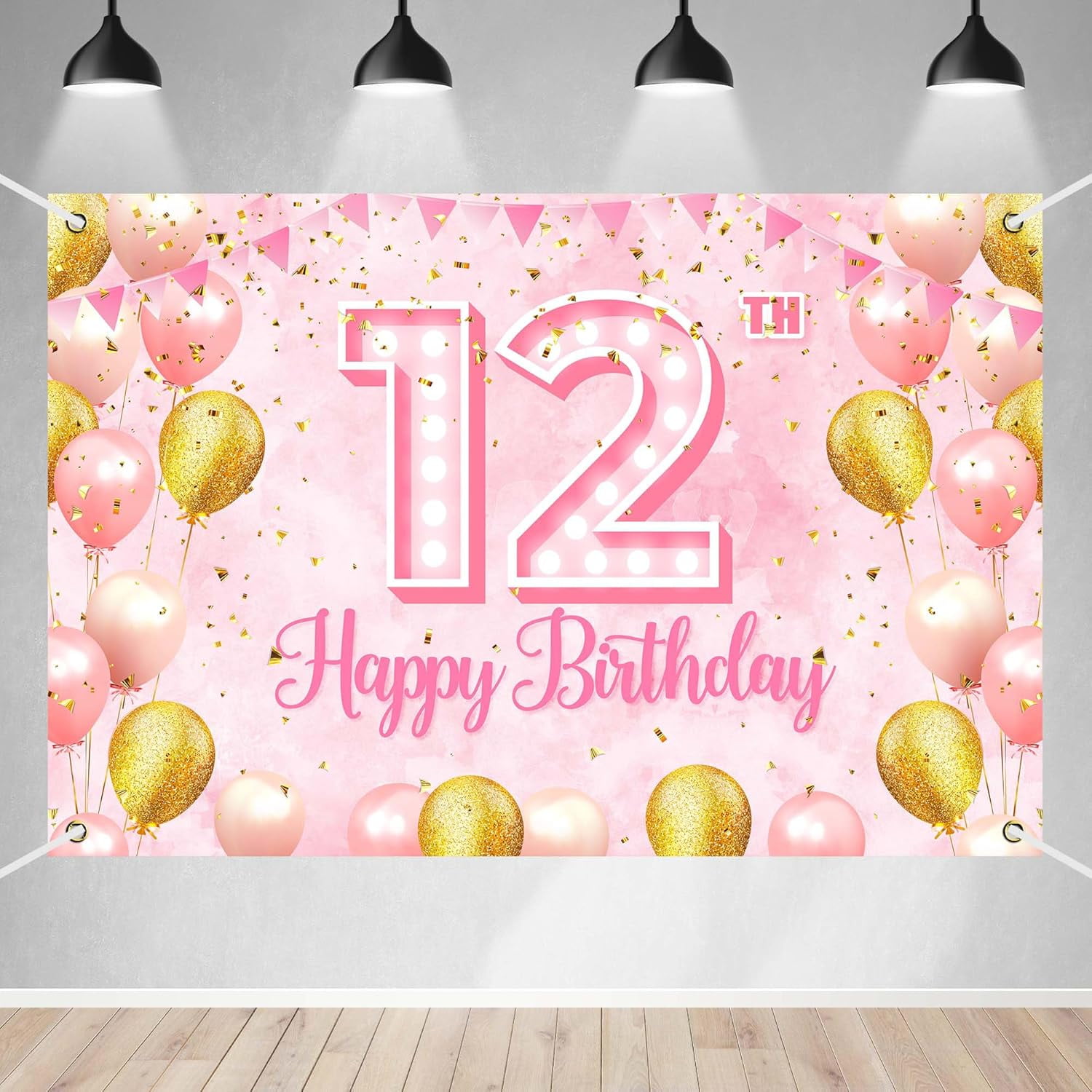 Happy 12th Birthday Banner Backdrop Pink Theme Rose Gold Balloons ...
