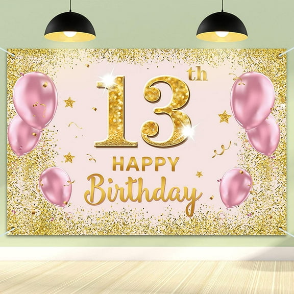 Happy 13th Birthday Backdrop Banner - 13 Birthday Party Decorations Supplies for Girls - Gold Pink