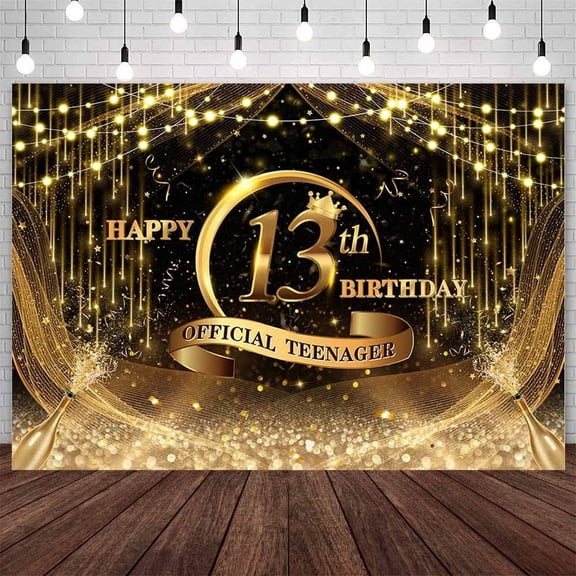 Happy 13th Birthday Backdrop Black Gold Happy Birthday Photography Background Gold Bokeh Champagne Official Teenager Birthday Party Decoration Banner