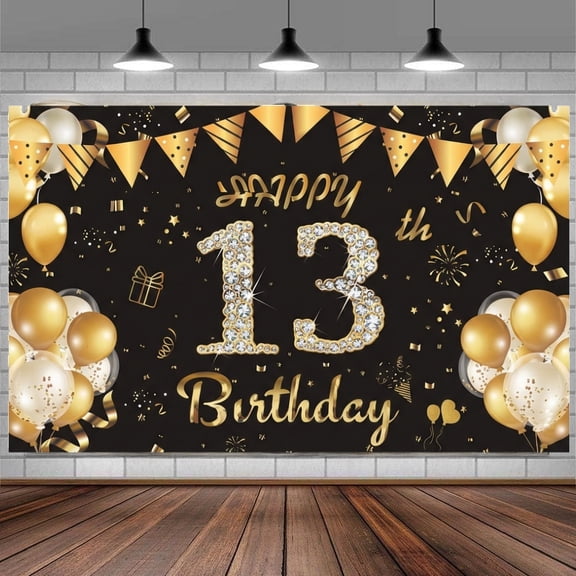 Happy 13th Birthday Banner for Girls - Black Gold Backdrop Decorations, 13 Year Old Birthday Party Sign Supplies & Photo Booth Props