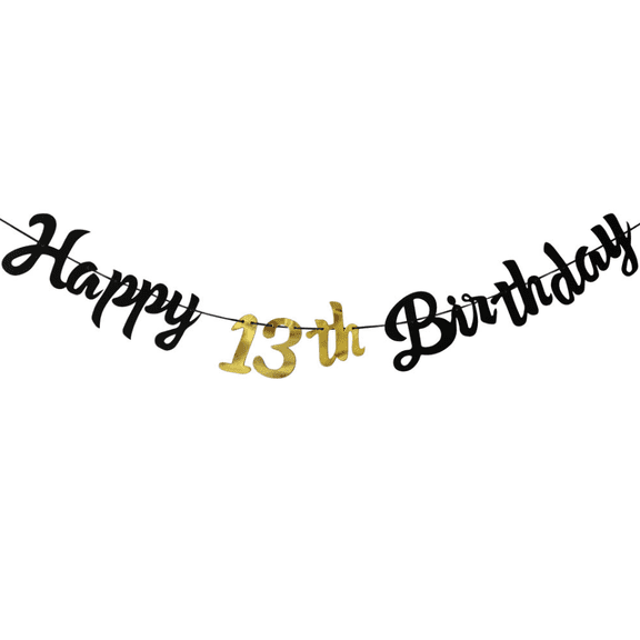Happy 13th Birthday Banner, Black and Gold, Party Decoration, Cursive Script Style