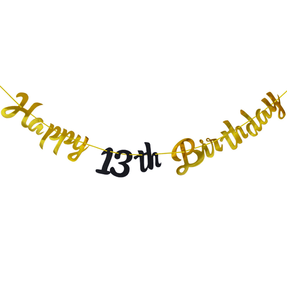 Happy 13th Birthday Banner, Gold and Black, Script Style, Party Decoration