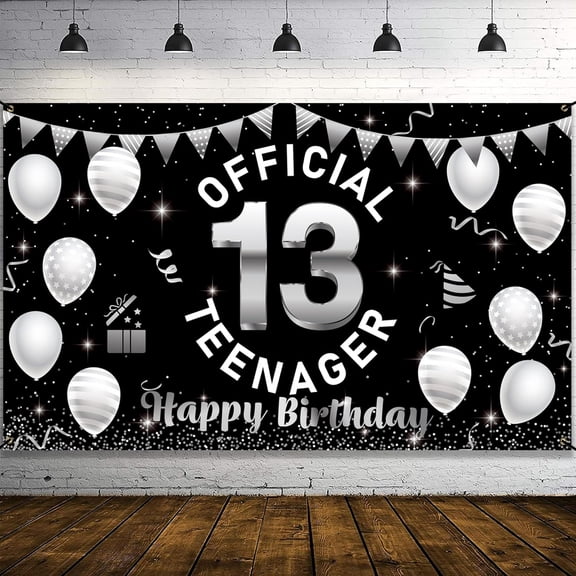 Happy 13th Birthday Banner Silver and Black Official Teenager 13th Birthday Party Decorations for Boys Girls Cheers to 13 Years Old Official Teenager Birthday Balloons Background Backdrop