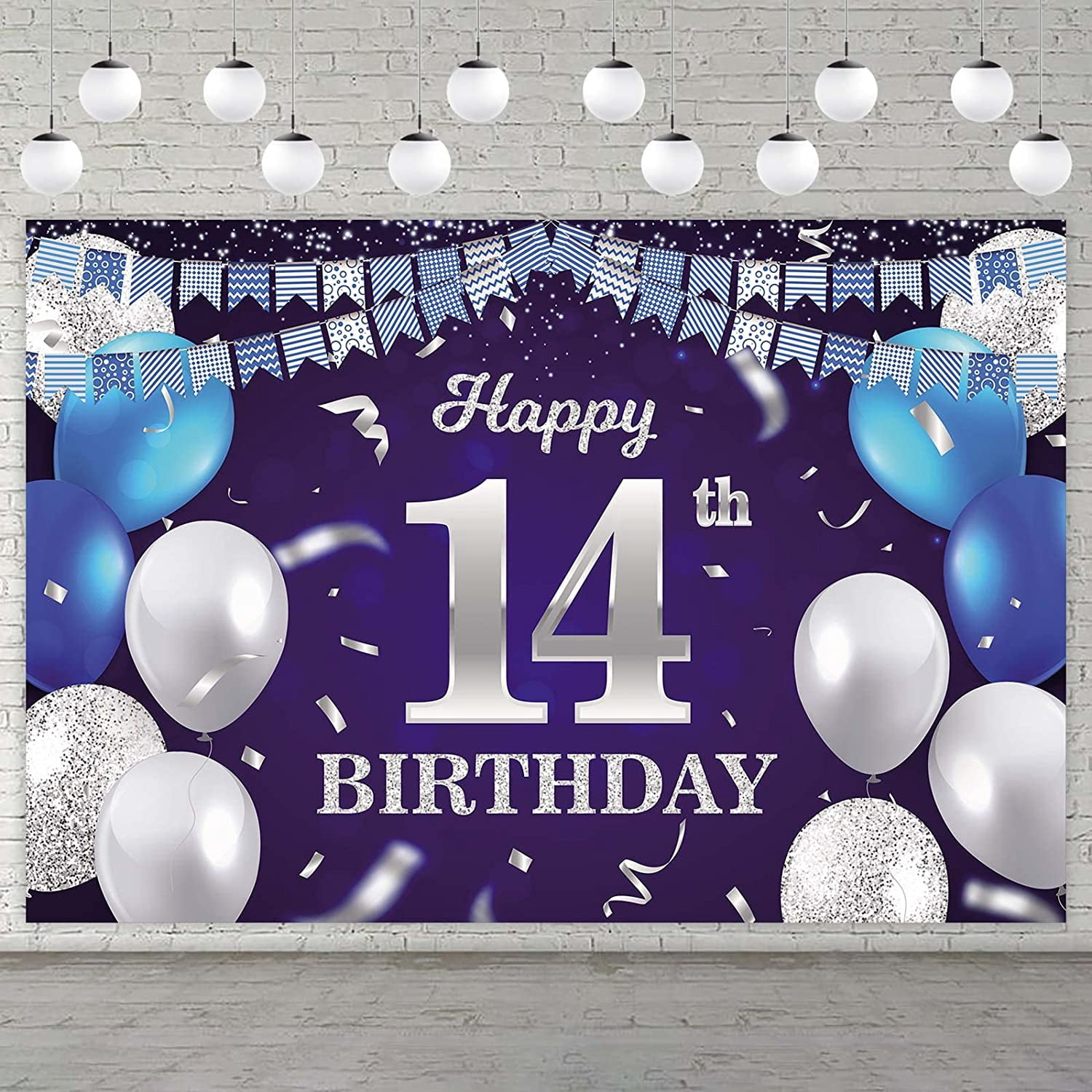 Happy 14th Birthday Banner Backdrop Blue Balloons Confetti Stripe Flag ...