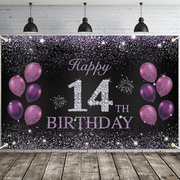 Happy 14th Birthday Banner, Purple Happy 14th Birthday Party Decorations for Girls, 14 Year Old Birthday Supplies Backdrop Décor, 5.9 X 3.8 Fts