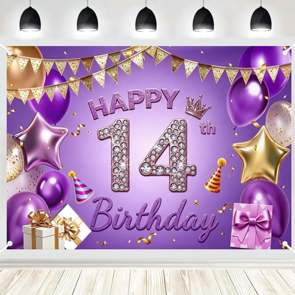 Happy 14th Birthday Polyester Backdrop, Purple Gold Party Photo Booth Background Banner for Indoor & Outdoor Use 5x7ft