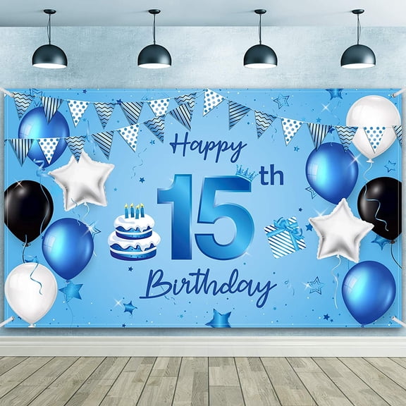 Happy 15th Birthday Backdrop Banner Extra Large Fabric Birthday Sign Poster Photography Background Backdrop Banner for 15th Birthday Anniversary Party Decorations