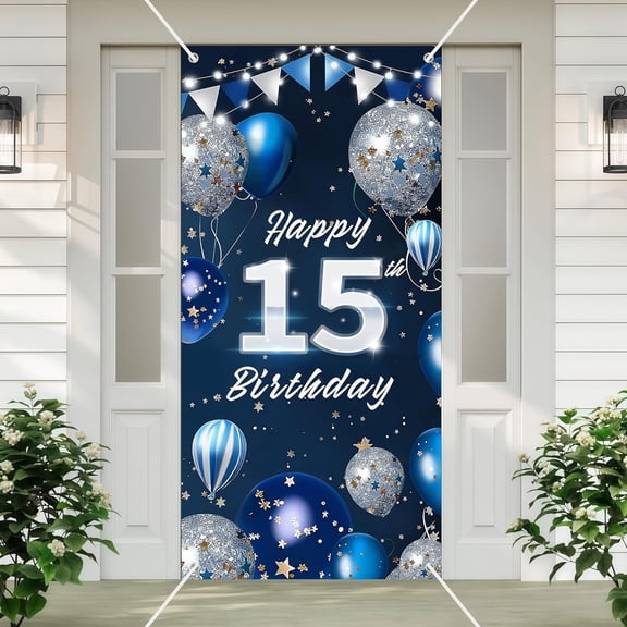 Happy 15th Birthday Backdrop Banner Navy Blue Glitter Balloons Glittering Confetti Elegant Glamorous Photo Background for Women Men Adults Party Decorations 35x72 Inch