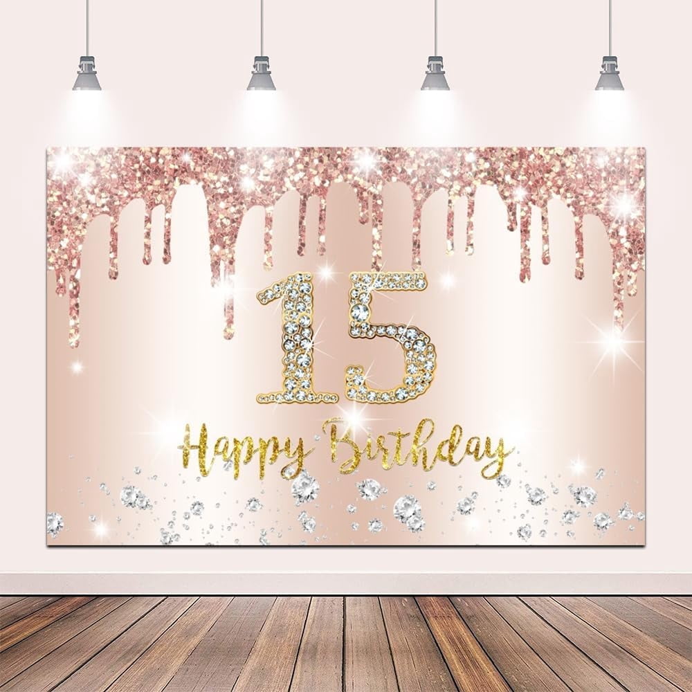 Happy 15th Birthday Backdrop Rose Gold 15 Years Old Birthday Backdrop ...