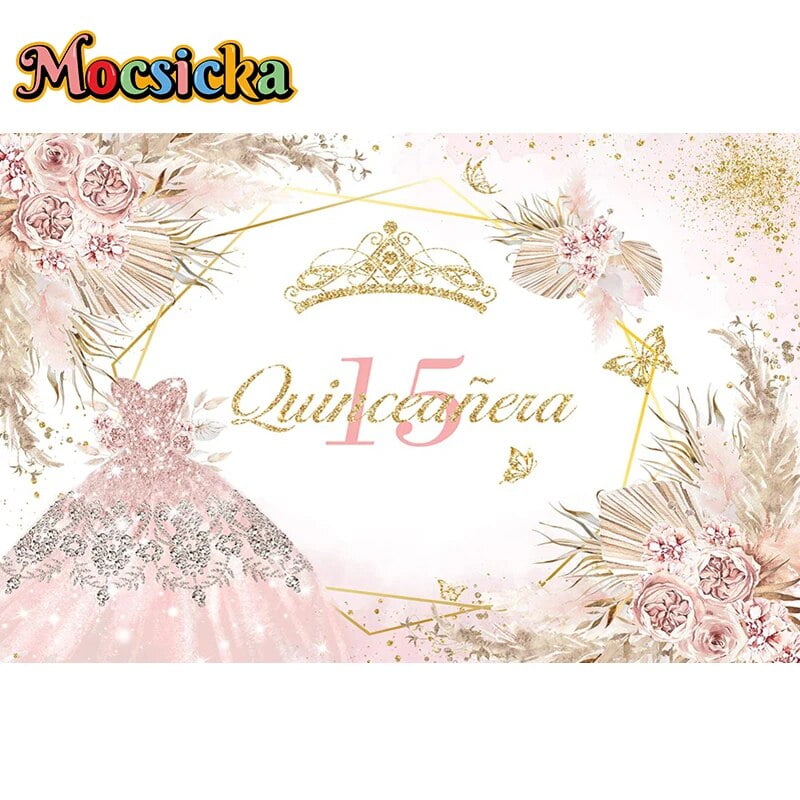 Happy 15th Birthday Backdrop for Girl Quinceanera Burgundy Pink Flowers ...