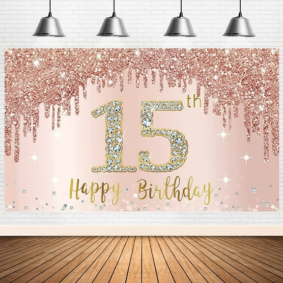 Happy 15th Birthday Banner Backdrop Decorations for Girls, Rose Gold 15 Birthday Party Sign Supplies, Pink 15 Year Old Birthday Poster Background Photo Booth Props Decor
