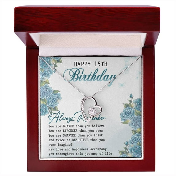 Happy 15th Birthday Message Card, Forever Love Necklace, Gift Box Included