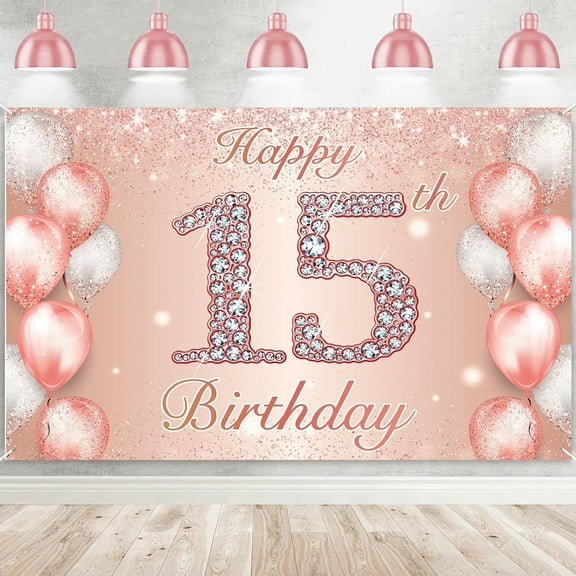 Happy 15th Birthday Rose Gold Banner Cheers to 15 Years Old Backdrop Confetti Balloons Theme Decor for Girls 15 Years Old Pink Birthday Party Decorations