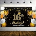 thumbnail image 1 of Happy 16th Birthday Backdrop Banner Background Backdrops Balloons Black Gold Party Decorations Supplies for Indoor Outdoor Photo Booth Props, 1 of 4