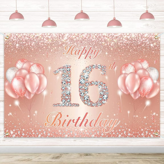 Happy 16th Birthday Banner Backdrop - 16 Birthday Party Decorations Supplies for Girls or Boys - Rose Gold