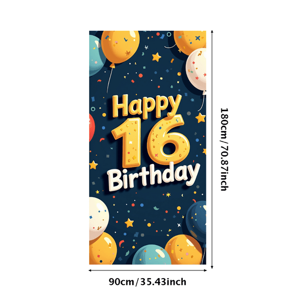 Happy 16th Birthday Banner with Balloon Star Decor Background, Party Supplies for Birthday Celebrations Photography Props Backdrop Decors