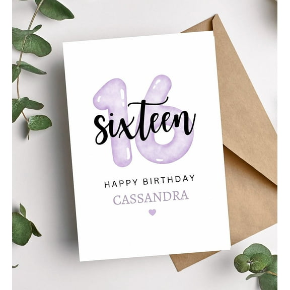 Happy 16th Birthday Card for Cassandra – Elegant Purple Design – Blank Inside – Perfect for Celebrating Sweet 16 Milestone