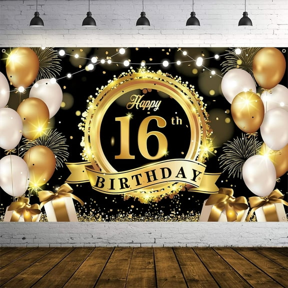 Happy 16th Birthday Decoration Backdrop Banner Black Gold Extra Large Fabric Birthday Sign Poster Photography Background 16 Year Birthday Party Decorations Supplies Indoor Outdoor
