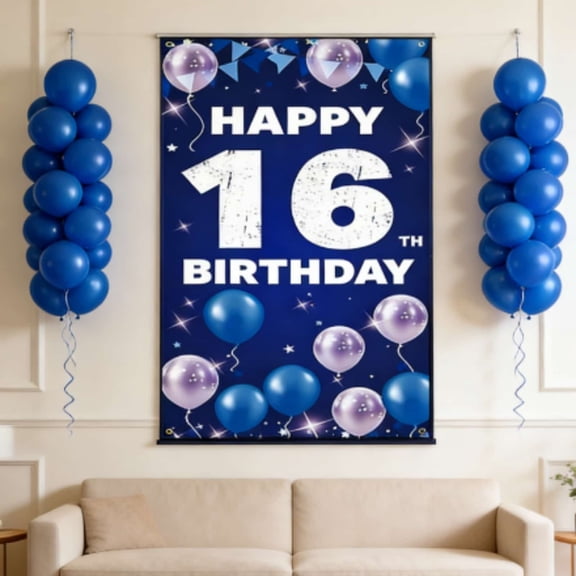 Happy 16th Birthday Decorations for Boys & Girls, Blue Fabric Banner Backdrop for 16 Year Old Birthday Party, Photo Backdrop, Yard Sign, Cake Table Decor, Door or Entrance Sign