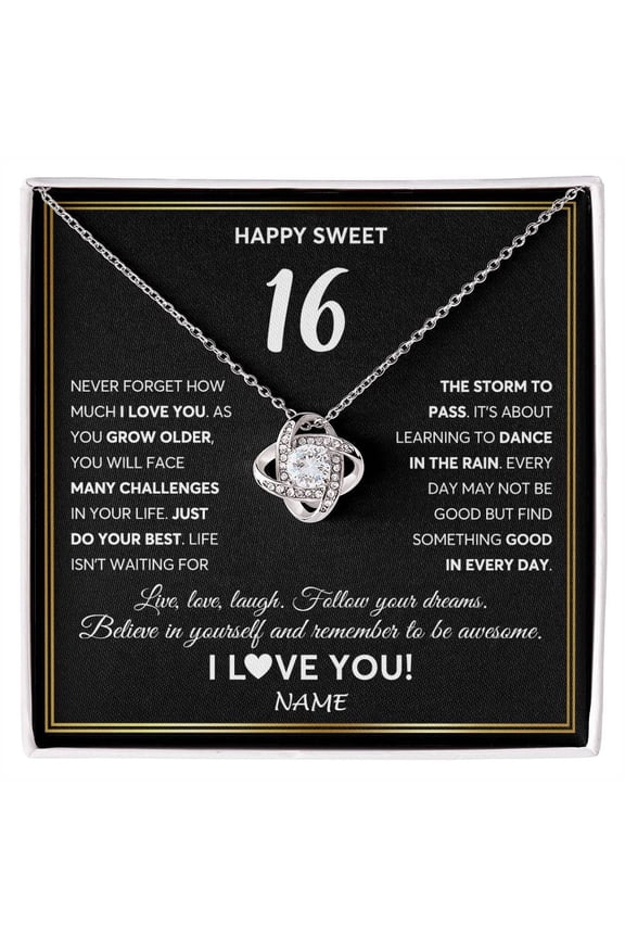 Happy 16th Birthday Necklace, White Love Knot Necklace