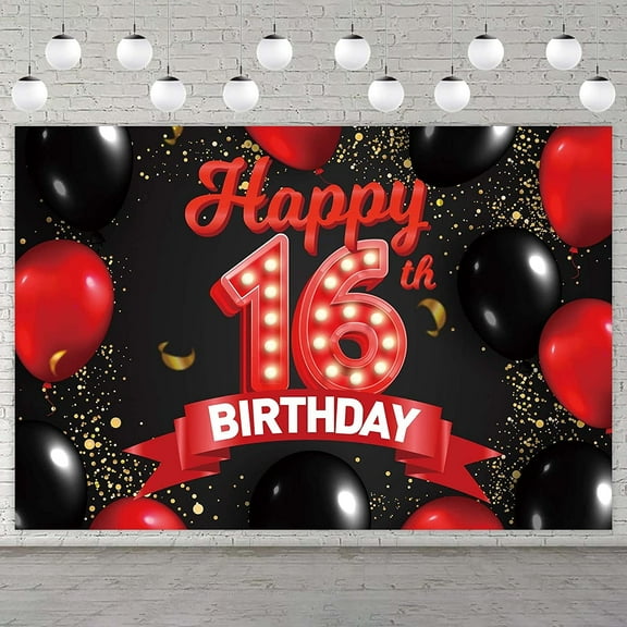 Happy 16th Birthday Red and Black Banner Backdrop Balloons Theme Decor Decorations for Girls Women Princess 16 Years Old Birthday Party