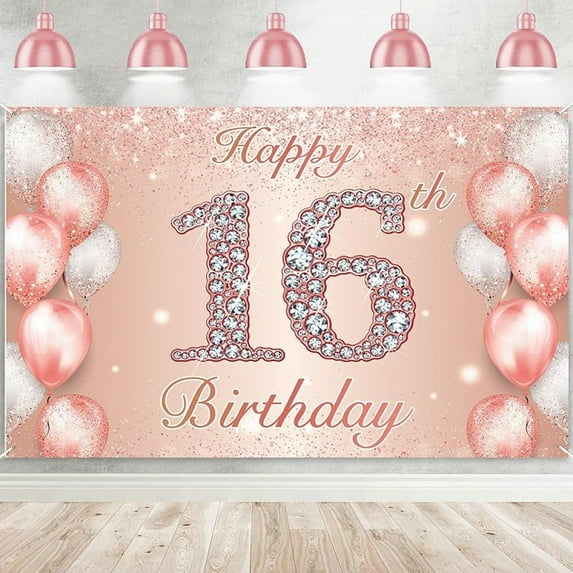 Happy 16th Birthday Rose Gold Banner Cheers to 16 Years Old Backdrop Confetti Balloons Theme Decor for Girls 16 Years Old Pink Birthday Party Decorations Bday Supplies Background Favors Gift Glitter