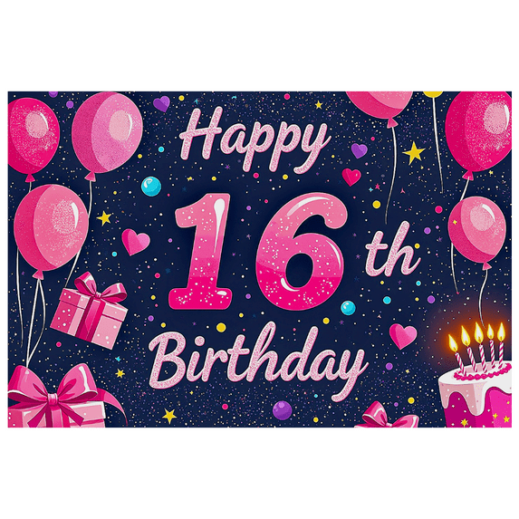 Happy 16th Birthday Themed Background Backdrop Banner Party Supplies with Balloons Cake and Stars Ideal for Birthday Parties Photography Props and Decorations