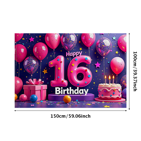 Happy 16th Birthday Themed Background Backdrop Banner Party Supplies with Balloons Cake and Stars Ideal for Birthday Parties Photography Props and Decorations