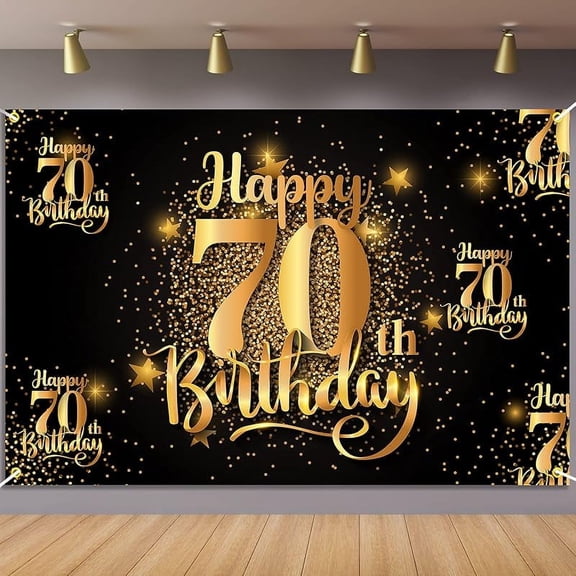 Happy 17-70th Birthday Backdrop Banner Step and Repeat 17-70th Years Old Background Decorations for Women Men Her Him Photography Party Supplies Glitter Black Gold