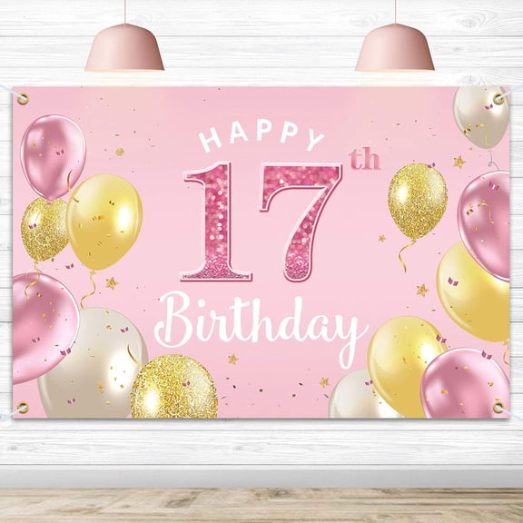 Happy 17th Birthday Backdrop Banner - 17 Birthday Party Decorations Supplies for Girls - Pink