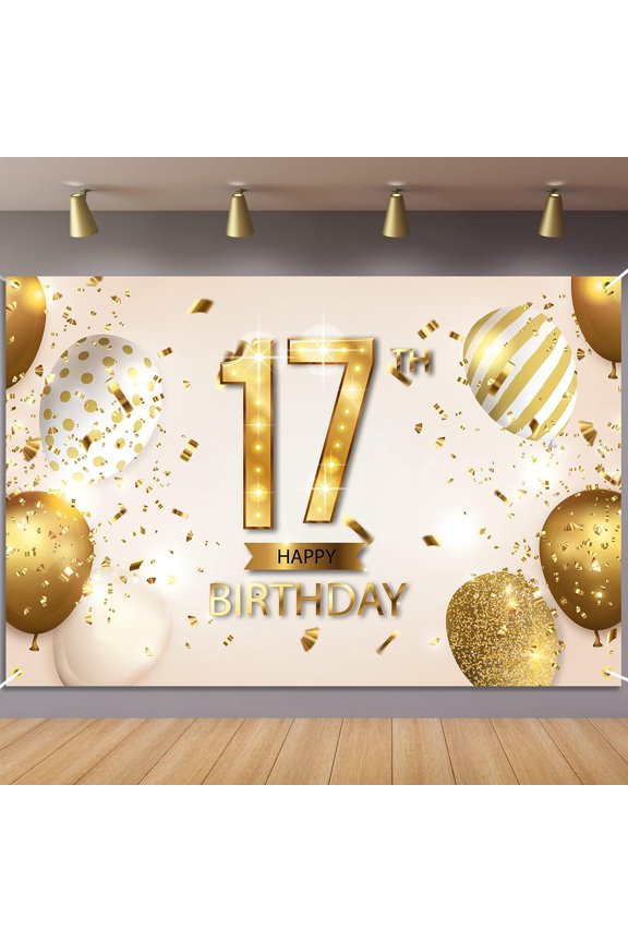 Happy 17th Birthday Backdrop Banner 17 Years Old Bday Background Decorations for Women Men Her Him Photography Party Supplies White Gold
