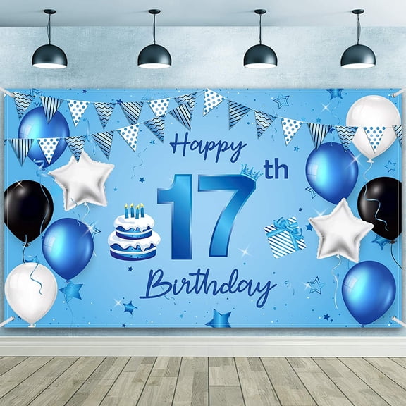 Happy 17th Birthday Backdrop Banner Large Birthday Sign Poster Photography Background Backdrop Banner for 17th Birthday Anniversary Party Decorations