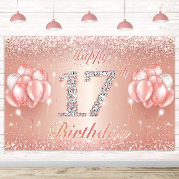 Happy 17th Birthday Banner Backdrop - 17 Birthday Party Decorations Supplies for Girls or Boys - Rose Gold